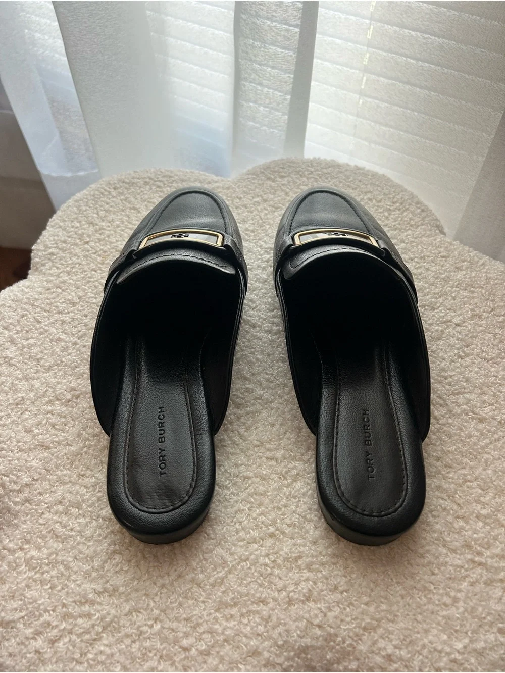 Tory Burch Black Leather Slip-On Mule with Gold Buckle